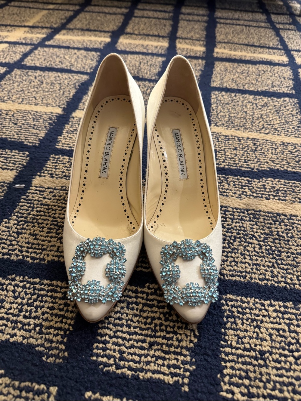 Manolo Blahnik Ivory Satin Pumps with Blue Crystal Embellishment